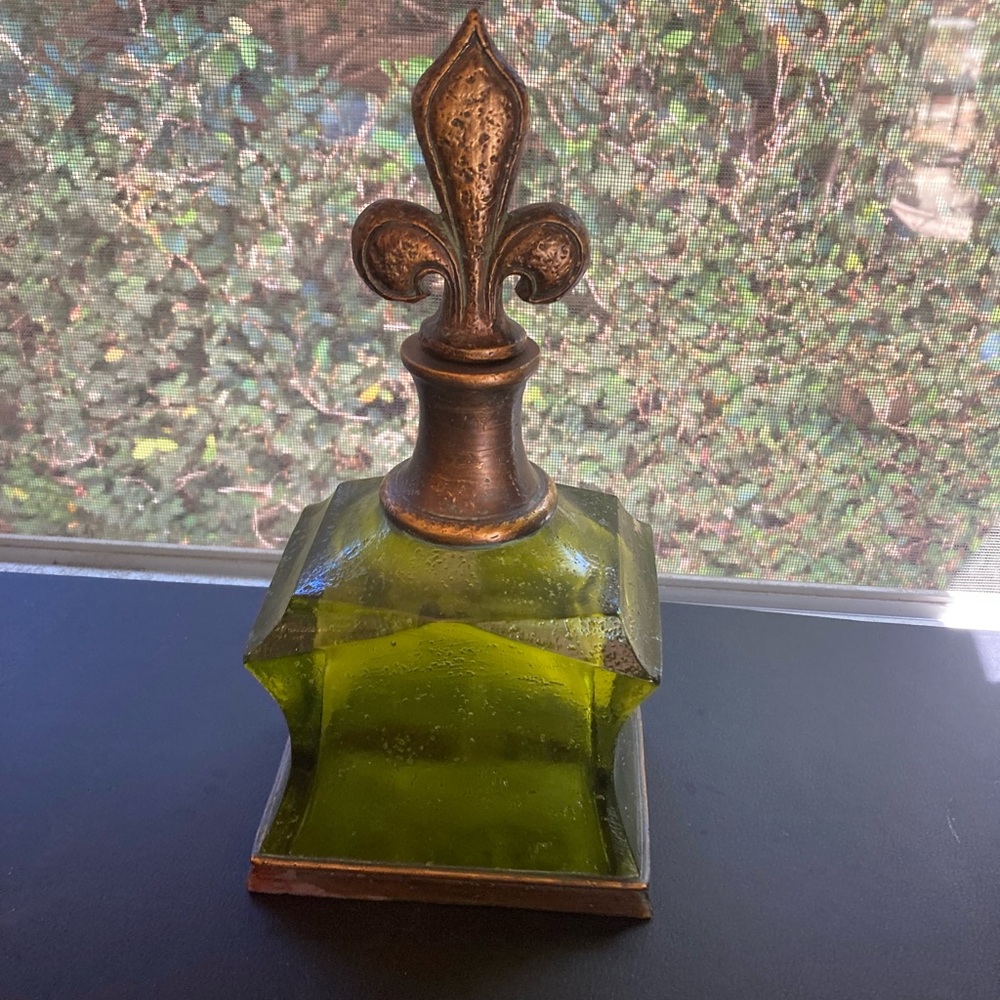 Olive Green Glass Decorative Bottle with Fleur-de-Lis Bronze Top